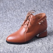 36-37牛皮Zuse 棕色棕黄短靴女2023铆钉马丁靴平底英伦风系带
