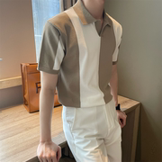 韩版夏季冰丝短袖渐变拼色男polo衫休闲条纹，撞色翻领潮流透气针织