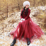 冬季国风红色羊毛呢大衣红色修身裙摆式连帽风衣长款女潮
