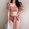 韩版粉色淑女泡泡袖系带蝴蝶结高腰带(高腰带)袖比基尼分体泳衣