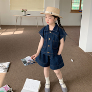 夏季女童复古水洗牛仔无袖马甲套装韩版宝宝时髦裙裤两件套