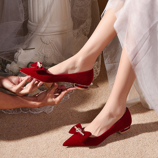 红色结婚鞋女平底2024春季秀禾婚纱两穿新娘鞋中式孕妇不累脚