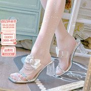 pinkyo原创法式蝴蝶结高跟鞋，2024春夏仙女，配裙子透明粗跟凉鞋