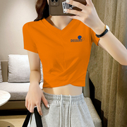橙色v领短款上衣女短袖，t恤小个子夏季设计感小众，高腰露脐半袖体恤