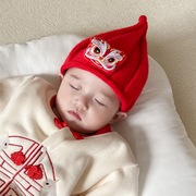 宝宝新年帽子秋冬季男女婴幼儿毛线帽婴儿红色醒狮过年儿童虎头帽