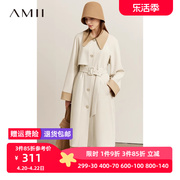 amii2024年秋新撞色翻领单排扣开叉，配腰带长款风衣，外套女宽松大衣