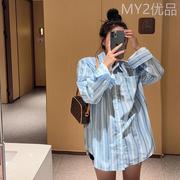 港味蓝白条纹衬衫外套2女春秋，夏22衫，设计0感众长袖开衬小衣潮