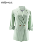 白领女装条纹浅绿黑细条西服领双排扣七分袖上衣ol-tiaow19-602