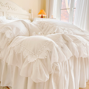 韩式斜纹全棉四件套纯白色公主风床单纯棉被套1.8m床裙式床上用品
