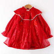小女孩红裙子女童加绒加厚连衣裙冬季洋气纱裙儿童亮片公主裙
