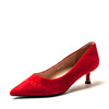 真皮鞋子女结婚新娘红色绒面，羊皮尖头低跟单鞋素版简约fb93111032