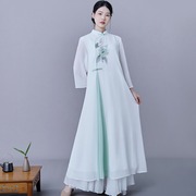 中国风女装2022春夏季改良版中式复古风雪纺，仙气连衣裙禅意茶服女