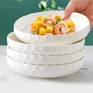盘子菜盘家用唐山骨瓷纯白浮雕，品质菜盘子欧式简约创意陶瓷餐碟子