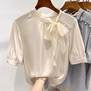 2023韩国气质显瘦纯色立领欧根纱系带钉珠套T头短袖雪纺衬衫