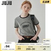 jiujiu美式复古字母印花灰色t恤女短袖，2024夏设计(夏设计)感休闲上衣