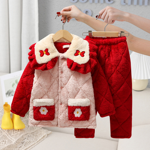 冬季儿童三层夹棉加厚珊瑚绒，睡衣中小童，女孩拼色法兰绒家居服套装