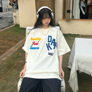 原创国潮植绒字母印花短袖情侣宽松夏季T恤女美式薄款上衣半袖男