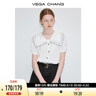 vegachang白色衬衫，女夏装2024年法式小众，蝴蝶结泡泡袖上衣