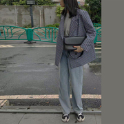 洛边原创设计师小众西服2021冬英伦风蓝色格子西装外套女