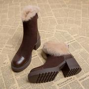 GG。2023高跟雪地靴女冬季棉鞋加绒加厚粗跟马丁靴保暖冬靴
