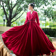 棉麻记古装汉服女国风，长裙2023年秋季红色连衣裙长袖棉麻裙子