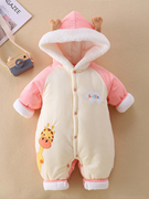 新生婴儿冬加绒女宝宝2个月9连体衣外出保暖冬装，夹棉加厚衣服棉服
