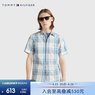 Tommy 男装纯棉泡泡纱格纹尖角扣合身短袖衬衫外套MW0MW30530