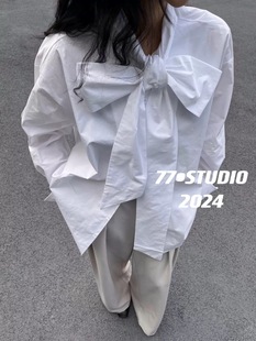 春季韩版设计感小众蝴蝶结白色长袖衬衫女宽松大码咖色上衣