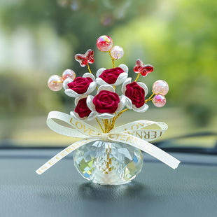 水晶玫瑰花朵汽车摆件，车内中控台玻璃插花装饰品车载女高级感好看