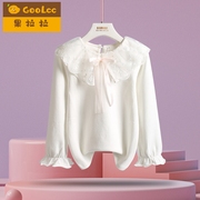 女童白色打底衫2023春秋款，小女孩蕾丝娃娃，领上衣宝宝纯棉长袖t恤