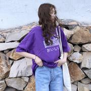 紫色短袖t恤女2023夏装韩版宽松大码印花学生百搭上衣服女装
