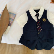 童辰辰妈宝宝学院风假两件套装韩版儿童礼服，短袖衬衫男童西裤短裤
