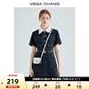 VEGA CHANG牛仔连衣裙夏季女2024年法式蕾丝娃娃领衬衫裙子