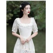 夏季法式复古宫廷印花连衣裙乳白色纯色长款短袖方领动漫