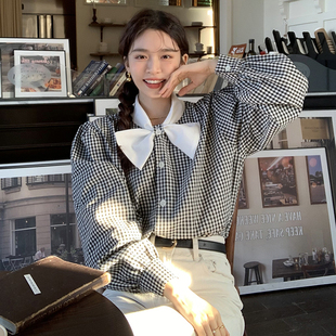 韩国chic春季复古小众立领，蝴蝶结撞色格子设计宽松百搭长袖衬衫女
