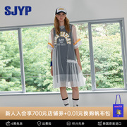 sjyp韩国潮牌连衣裙女夏季个性网纱层叠，美式宽松t恤拼接假两件