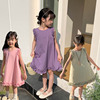 女童纯棉薄款背心裙无袖，连衣裙花边裙子紫色薄荷，绿气质度假裙夏季