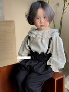春季女童娃娃领套头时尚淑女精致米白色蕾丝韩版黑色花苞上衣