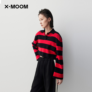 商场同款X--MOOM2023秋季黑色条纹拼接长袖短POLO衫女
