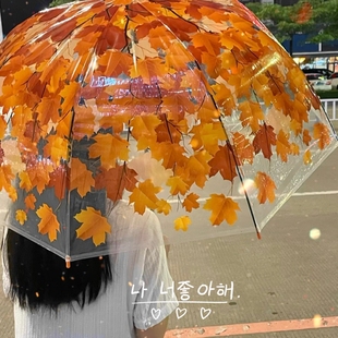 日系小清新枫叶雨伞蘑菇伞公主，伞长柄直杆网红透明雨伞晴雨两用伞