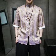 中国风短袖t恤夏季冰丝，半袖唐装衬衫新中式男装休闲盘扣立领衬衣