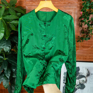 一线品牌女装货绿色衬衫，复古中式盘扣圆领提花，真丝上衣女开衫