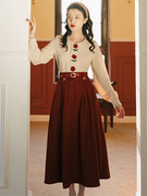 秋冬新港风气质复古立体玫瑰刺绣长袖衬衫配红色毛呢半身裙两件套