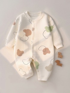 日本婴儿连体衣秋冬三层保暖哈衣爬服新生儿，衣服纯棉宝宝夹棉睡衣