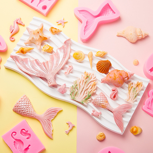 美人鱼蛋糕装饰硅胶模具，贝壳海马海螺，海星海豚鱼尾模具烘焙工具