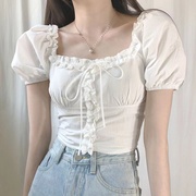 韩国chic夏季减龄泡泡袖露肩衬衫女一字领系带设计感短款雪纺上衣