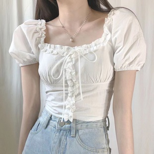 韩国chic夏季减龄泡泡袖，露肩衬衫女一字，领系带设计感短款雪纺上衣