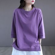 七分袖紫色t恤女宽松纯棉，短袖打底衫休闲宽松大码女装春夏季上衣