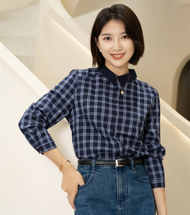 yun韫2022春季女装，韩版显瘦百搭拼色方领长袖，格子衬衫