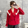 红色皮衣女2023年冬季绵羊皮长袖上衣西装领夹克真皮短款外套